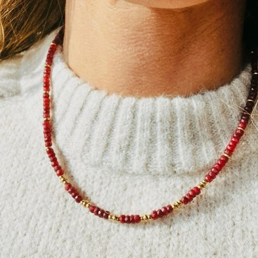 Ruby Beaded Necklace Gold Waterproof Chain July Birthstone Ruby Gemstone Jewelry - Picture 2 of 14